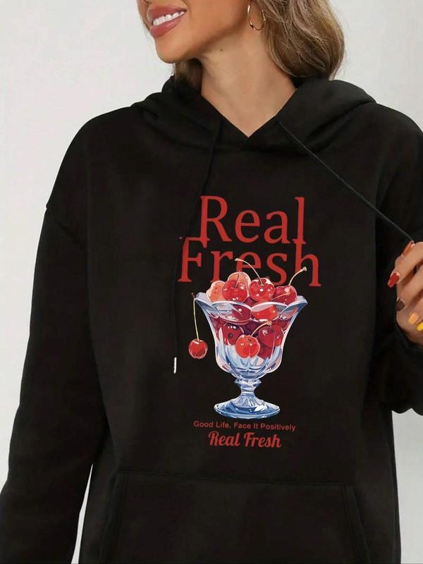 Women's Cherry & Letter Print Drop Shoulder Hoodie, Fashion Casual Drawstring Pocket Hooded Sweatshirt for Daily Holiday...