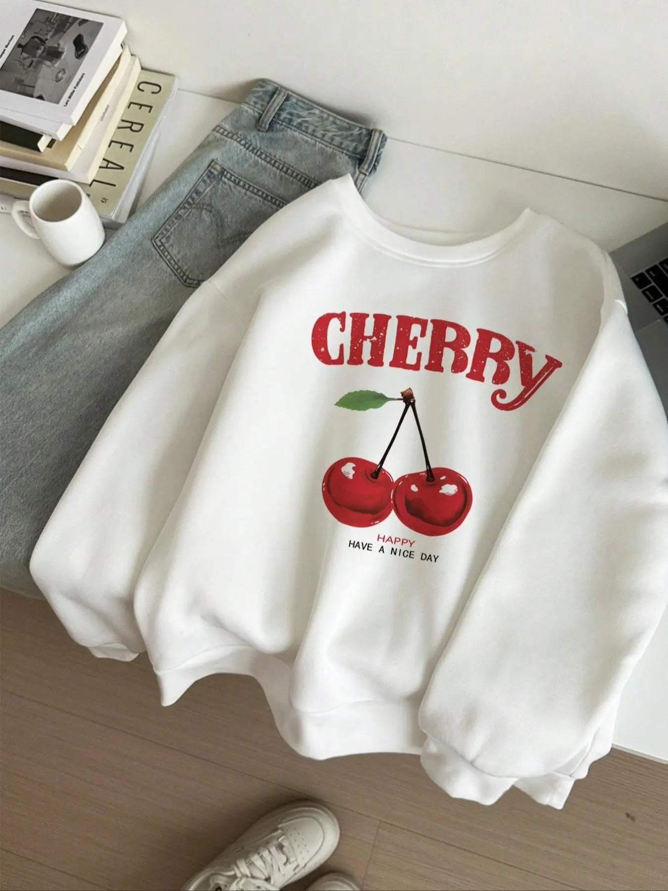 Cherry & Letter Print Drop Shoulder Casual Long Sleeve Round Neck Fall & Winter Clothes Daily T-Shirts, Hoodie, Sweatshirt