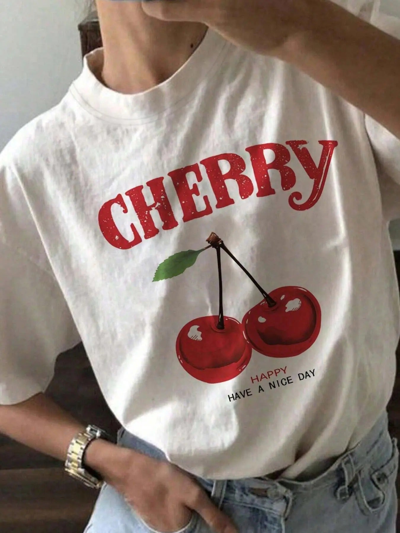 Women's Cherry & Letter Print Drop Shoulder Tee, Casual Half Sleeve Round Neck T-shirt for Daily Wear, Ladies Clothes for...