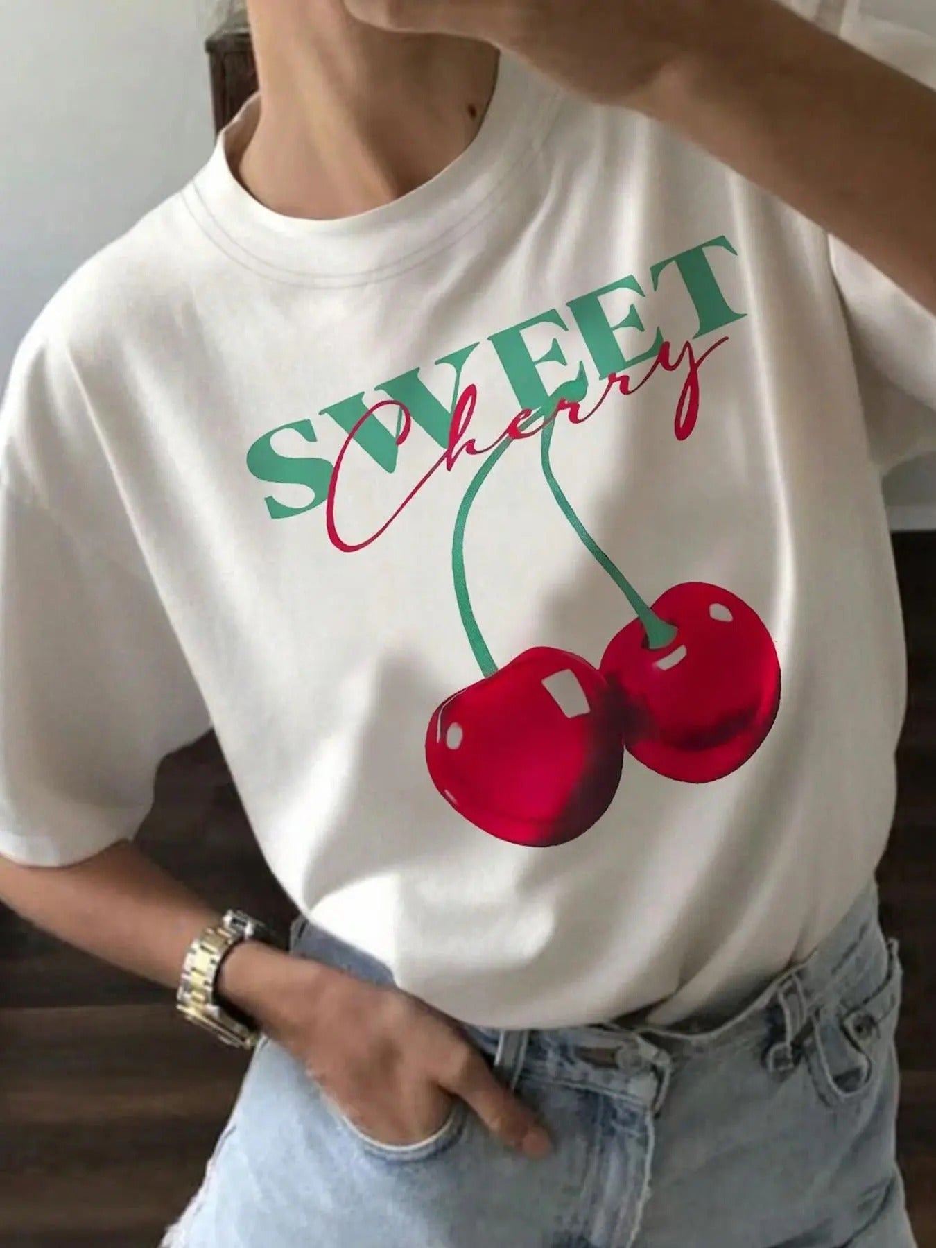 Women's Cherry & Letter Print Drop Shoulder Tee, Casual Half Sleeve Round Neck T-shirt for Daily Wear, Ladies Clothes for...