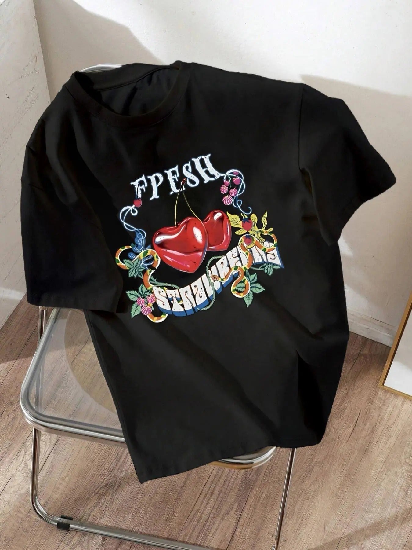 Women's Cherry & Letter Print Drop Shoulder Tee, Casual Short Sleeve Round Neck T-shirt for Daily Wear, Ladies Clothes...