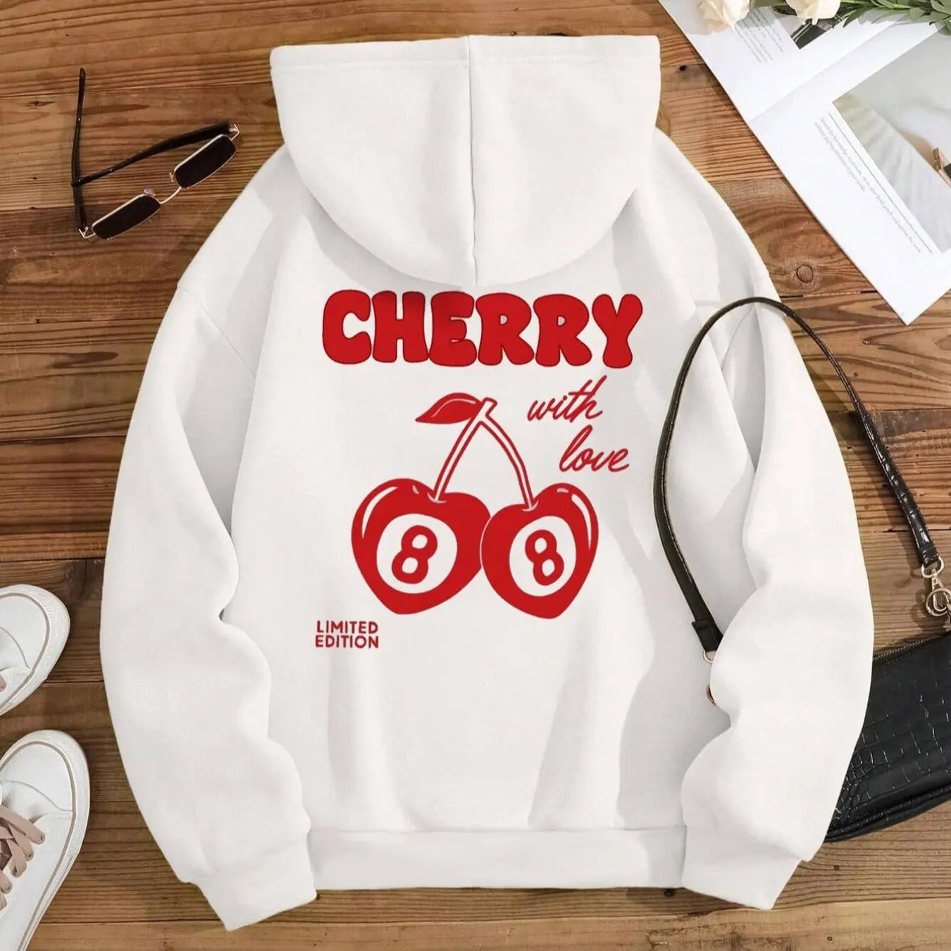 Cherry & Letter Print Drop Shoulder Thermal Lined Casual Drawstring Pocket Hooded Daily Outdoor Fall & Winter T-Shirts, Hoodie, Sweatshirt