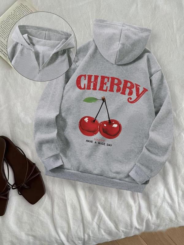 Women's Cherry & Letter Print Half Zip Hoodie, Casual Long Sleeve Hooded Sweatshirt for Fall & Winter, Women's Clothes...
