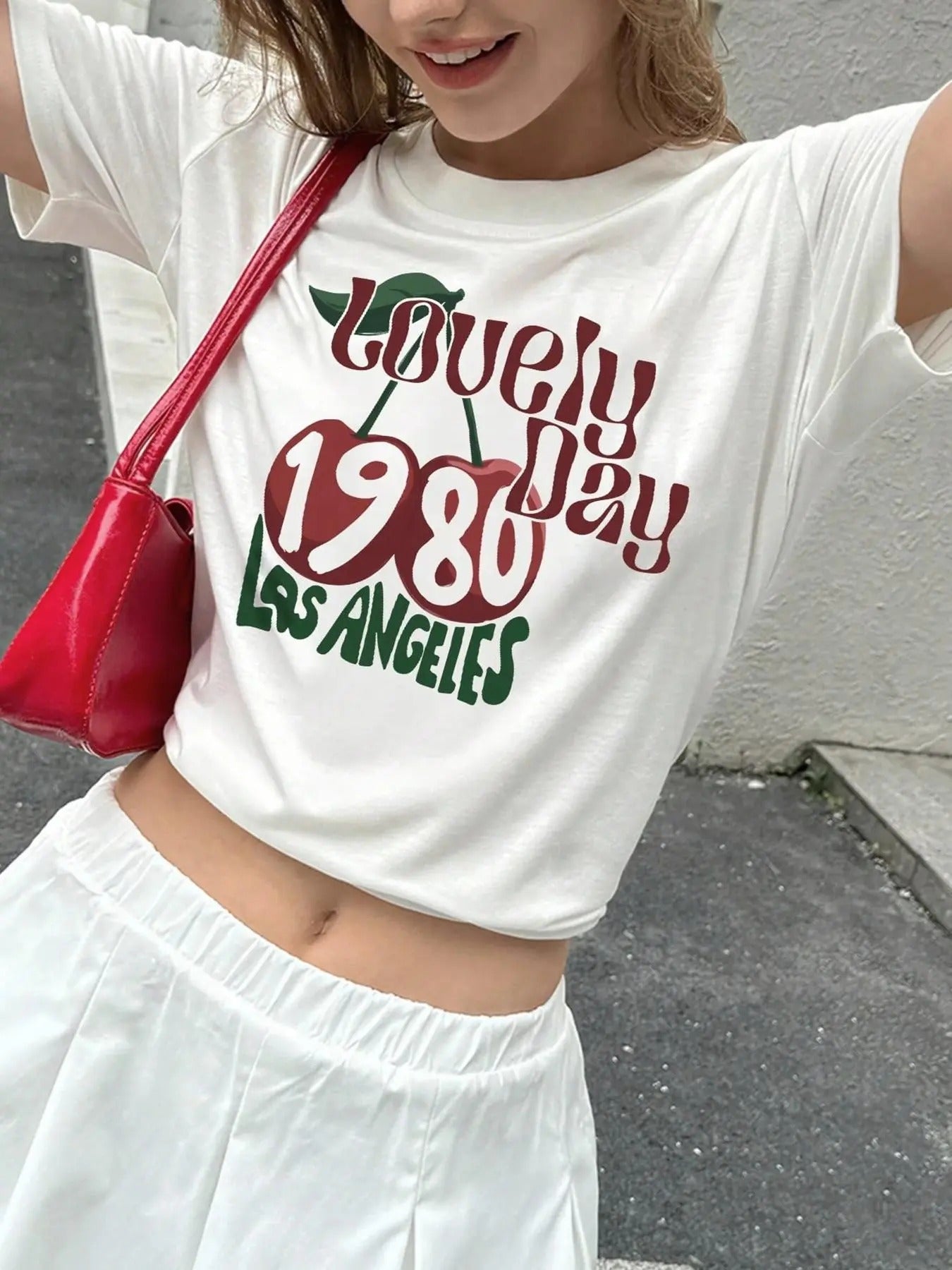 Women's Cherry & Letter Print Round Neck Graphic Tee, Vintage Trendy Casual Short Sleeve T-shirt for Daily Wear, Ladies...