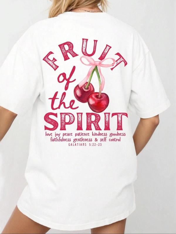 Women's Cherry & Letter Print Round Neck Tee, Casual Fruit Graphic Short Sleeve T-Shirt for Summer, Women's Top for Daily...