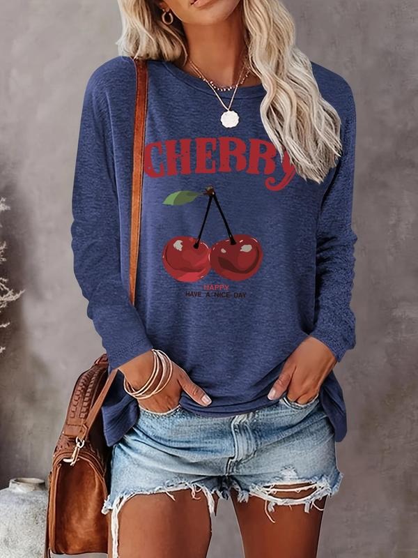 Cherry & Letter Print Round Neck Casual Long Sleeve Crew Neck Fall & Winter Top Daily T-Shirts, Hoodie, Sweatshirt