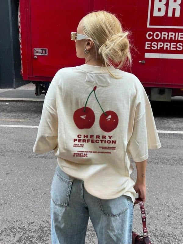 Women's Cherry & Letter Print Round Neck Tee, Casual Retro Short Sleeve T-Shirt for Daily Wear, Ladies Summer Clothes,...