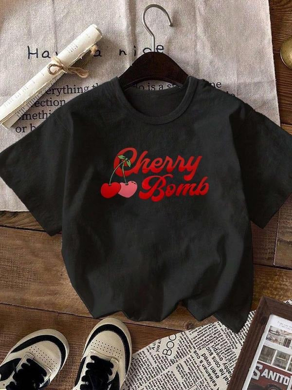 Women's Cherry & Letter Print Round Neck Tee, Casual Short Sleeve Crew Neck T-Shirt for Summer, Fashion Women's Top for...