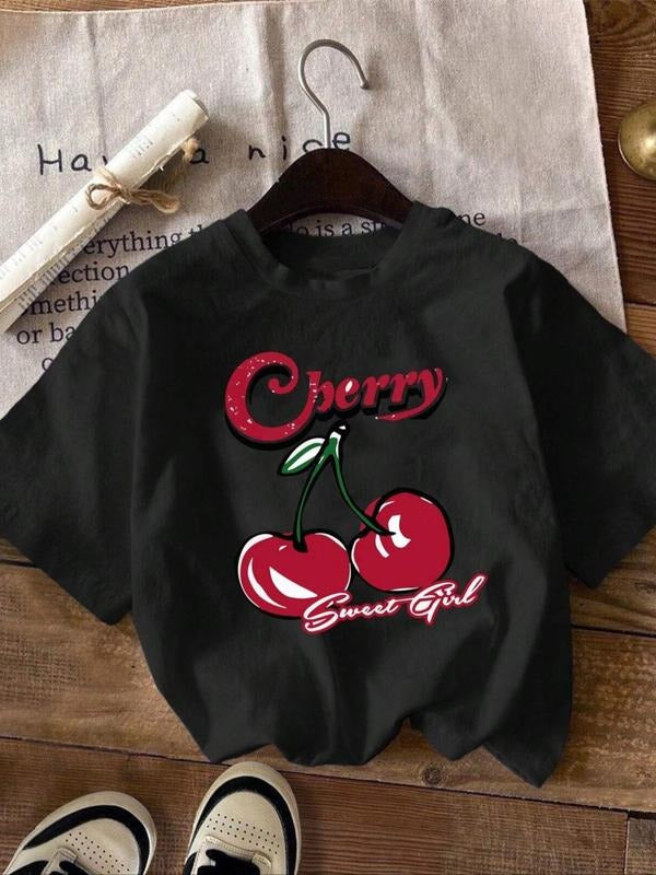 Women's Cherry & Letter Print Round Neck Tee, Casual Short Sleeve Crew Neck T-Shirt for Summer, Fashion Women's Top for...