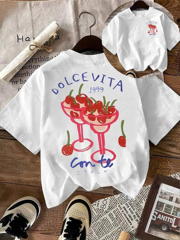 Women's Cherry & Letter Print Round Neck Tee, Casual Short Sleeve Crew Neck T-Shirt for Summer, Fashion Women's Top for...