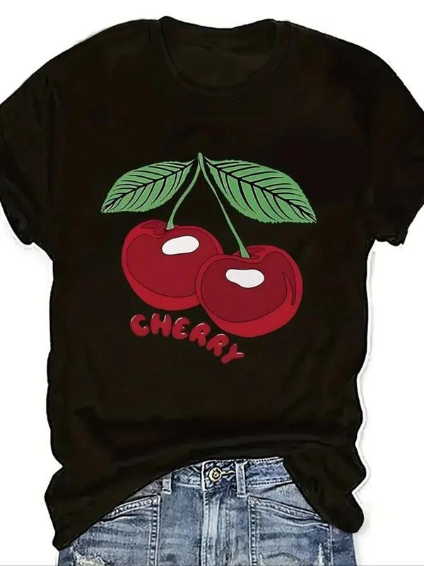 Women's Cherry & Letter Print Round Neck Tee, Casual Short Sleeve Crew Neck T-shirt for Summer, Fashion Women's Top for...
