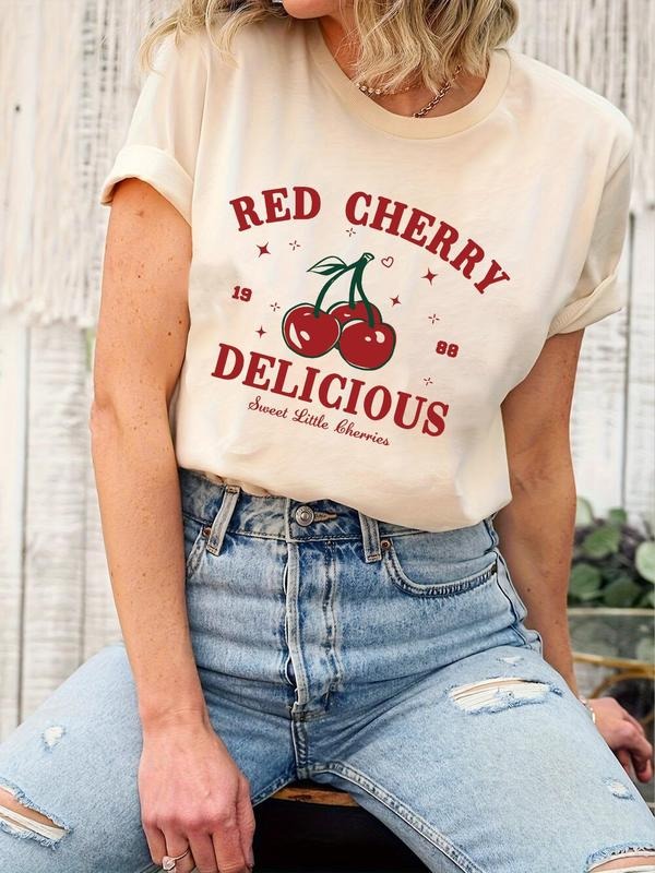 Women's Cherry & Letter Print Round Neck Tee, Casual Short Sleeve Crew Neck T-shirt for Summer, Women's Top for Daily...