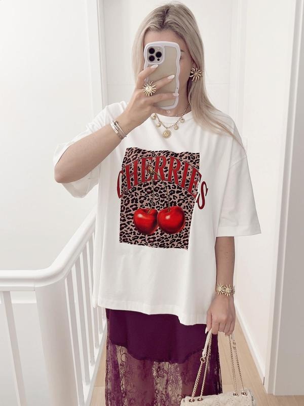 Cherry & Letter Print Round Neck Casual Crew Neck Half Sleeve Daily Vacation Outdoor Clothes All Seasons T-Shirts, Hoodie, Sweatshirt