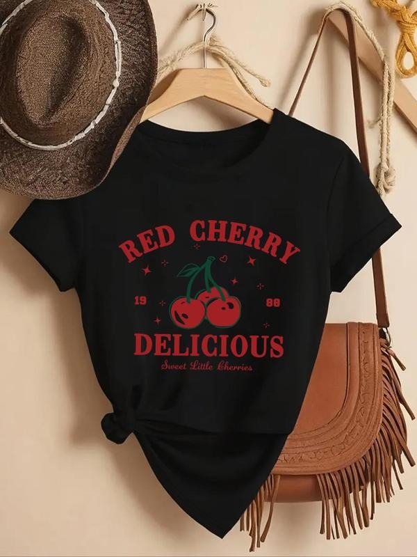 Women's Cherry & Letter Print Round Neck Tee, Fashion Casual Crew Neck Short Sleeve T-shirt for Daily Holiday Outdoor...