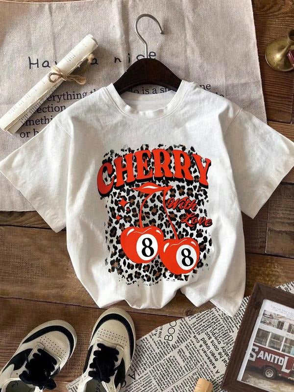 Women's Cherry & Letter Print Round Neck Tee, Fashion Casual Crew Neck T-shirt for Daily Holiday Vacation Outdoor Wear,...