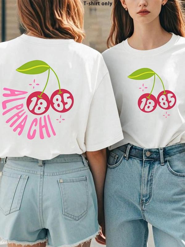 Women's Cherry & Letter Print Round Neck Tee, Trendy Casual Short Sleeve T-Shirt for Daily Wear, Ladies Summer, Top...