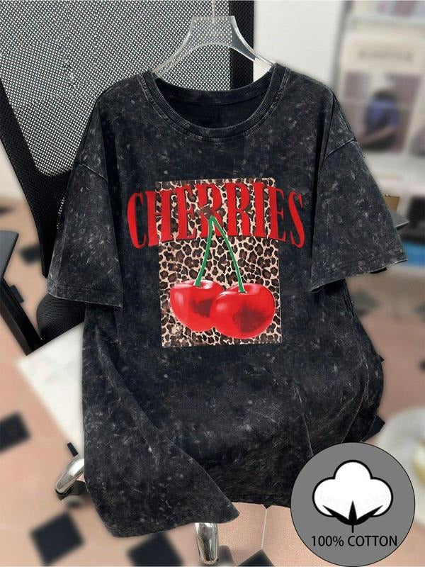 Women's Cherry & Letter Print Tee, Casual Short Sleeve Round Neck T-shirt for Summer, Fashion Women's Top for Daily Wear...
