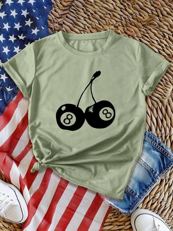 Women's Cherry & Number "8" Print Round Neck Tee, Casual Short Sleeve Crew Neck T-shirt for Spring & Fall, Fashion...