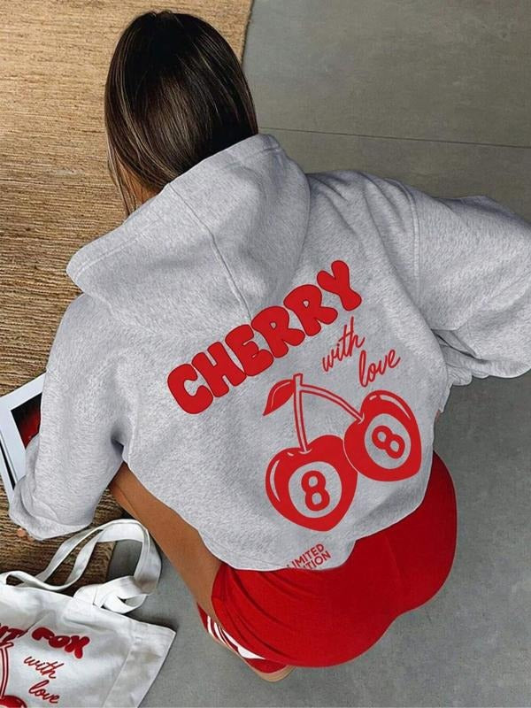Cherry & Number Print Drop Shoulder Casual Drawstring Pocket Hooded Daily Outdoor Fall & Winter T-Shirts, Hoodie, Sweatshirt