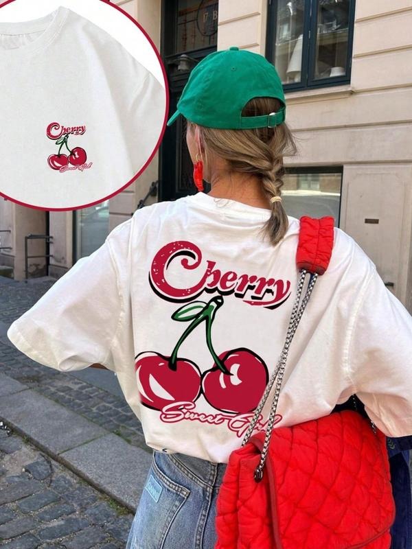 Women's Cherry & Slogan Print Round Neck Tee, Fashion Casual Crew Neck T-Shirt for Daily Holiday Vacation Outdoor Wear,...