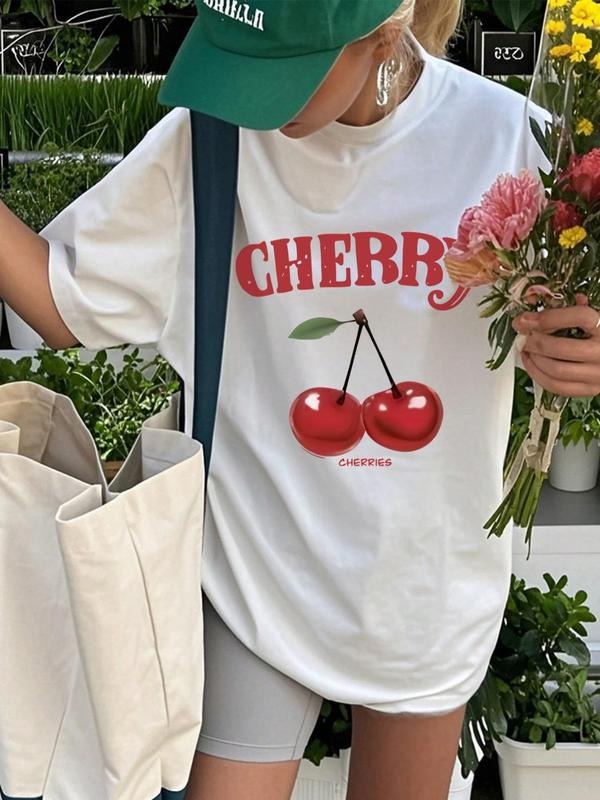 Women's Cherry & Slogan Print Round Neck Tee, Fashion Casual Letter Graphic Crew Neck T-Shirt for Daily Holiday Vacation...