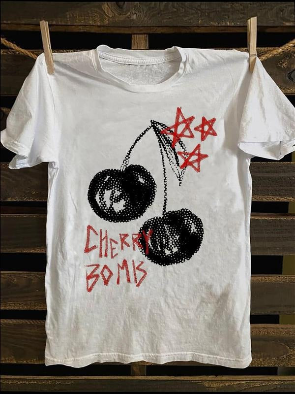 Women's Cherry & Star Print Round Neck Tee, Fashion Casual Short Sleeve T-shirt for Daily Wear, Ladies Summer Clothes,...