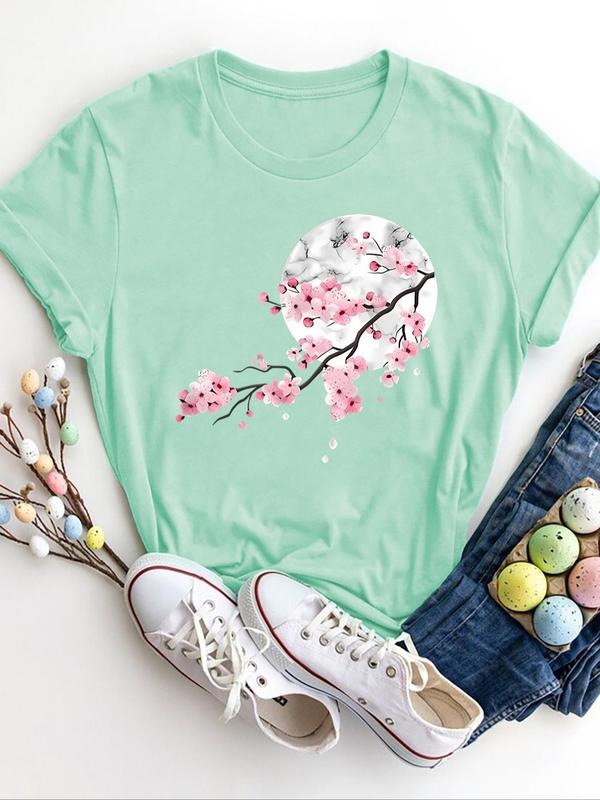 Women's Cherry Blossom & Moon  Print Round Neck Graphic Tee, Vintage Trendy Casual Short Sleeve T-shirt for Daily Wear,...