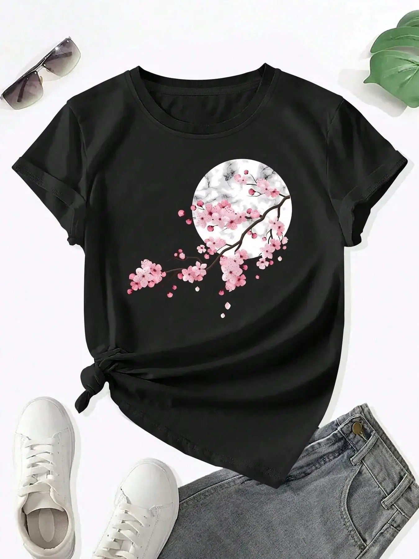 Cherry Blossom Print Round Neck Casual Short Sleeve Summer Clothes Daily T-Shirts, Hoodie, Sweatshirt