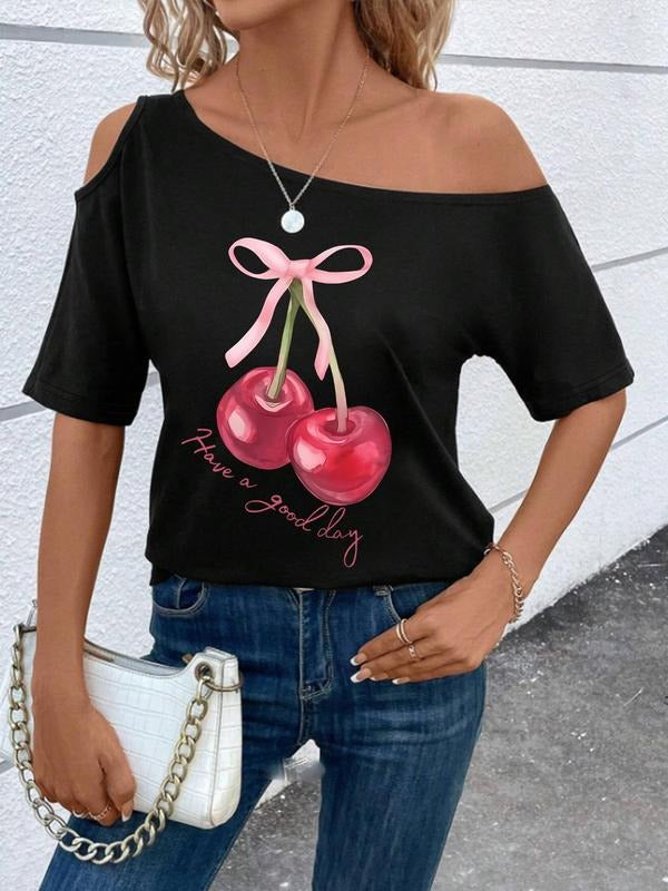 Women's Cherry Graphic Print Off Shoulder Tee, Casual Asymmetrical Hem T-shirt for Daily Wear, Ladies Clothes for All...
