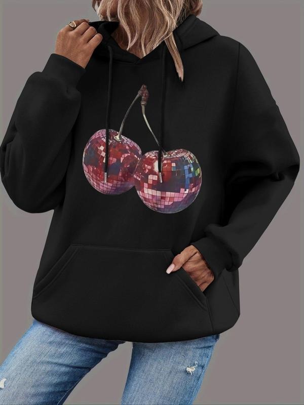 Women's Cherry Print Drop Shoulder Drawstring Hoodie, Fashion Casual Pocket Hooded Sweatshirt for Daily Holiday Outdoor...