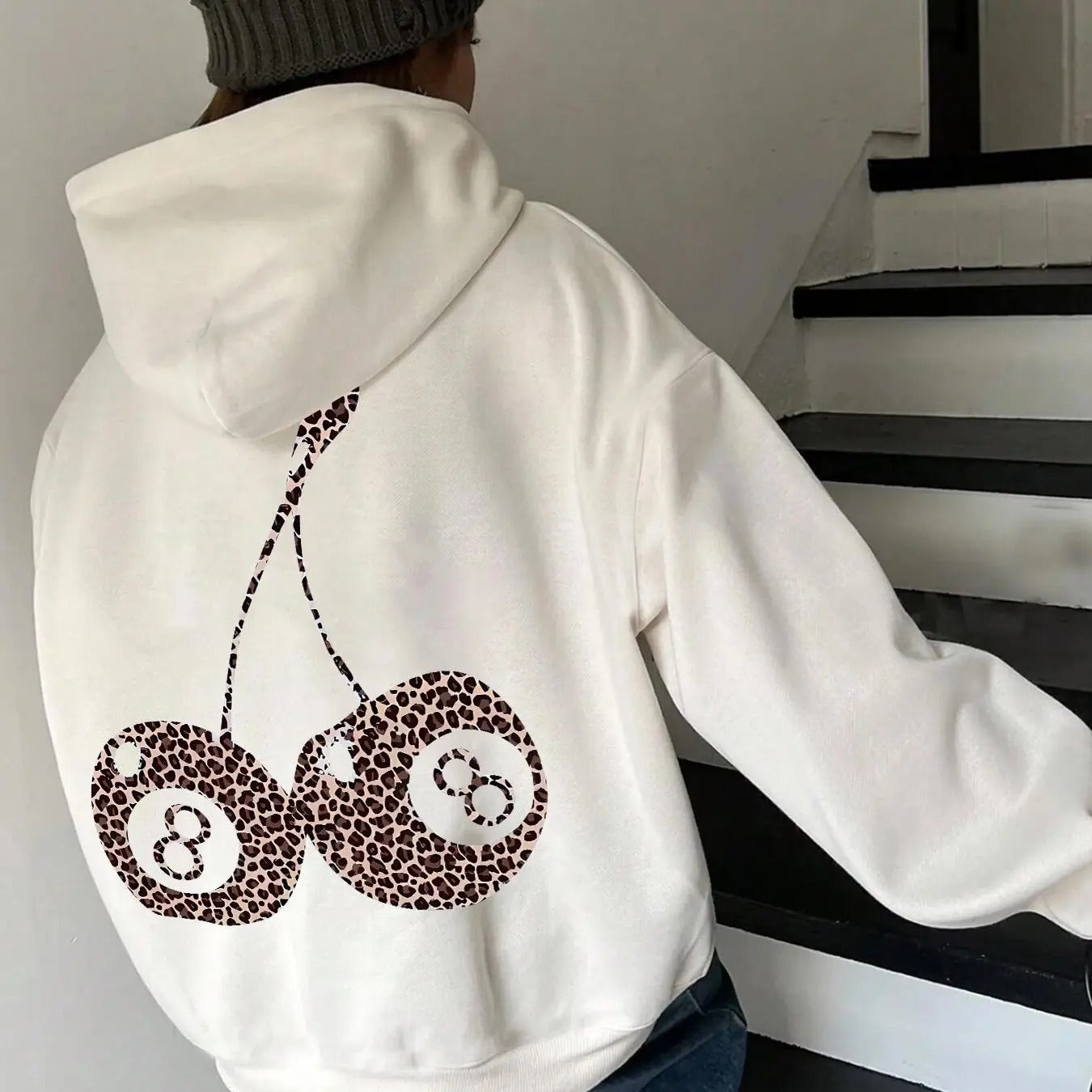 Women's Cherry Print Drop Shoulder Hoodie, Fashion Casual Drawstring Pocket Hooded Sweatshirt for Daily Holiday Outdoor...