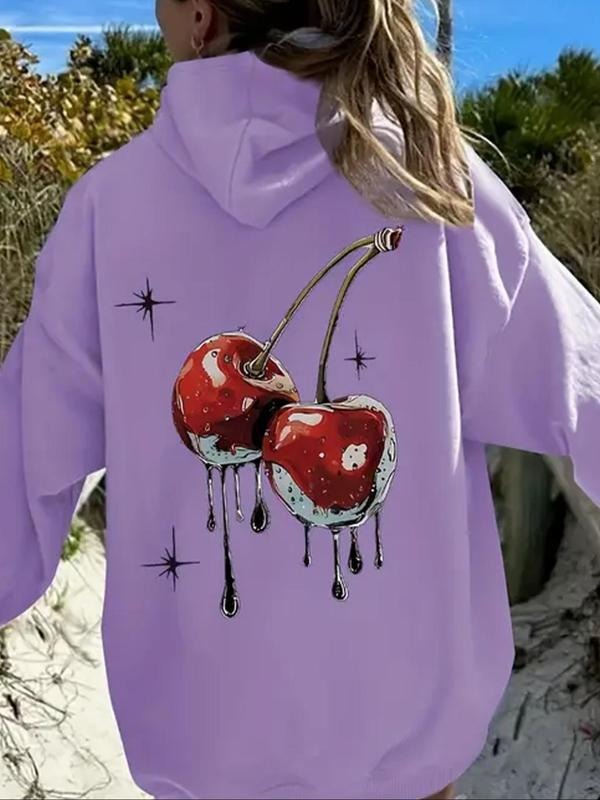 Women's Cherry Print Drop Shoulder Hoodie, Fashion Casual Drawstring Pocket Hooded Sweatshirt for Daily Holiday Outdoor...