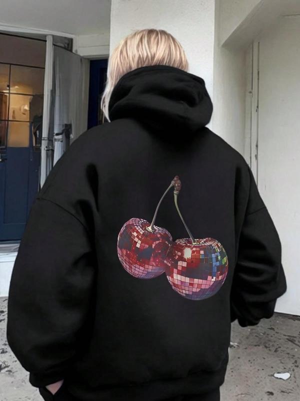 Women's Cherry Print Drop Shoulder Hoodie, Fashion Casual Hooded Sweatshirt for Daily Holiday Outdoor Wear, Women...