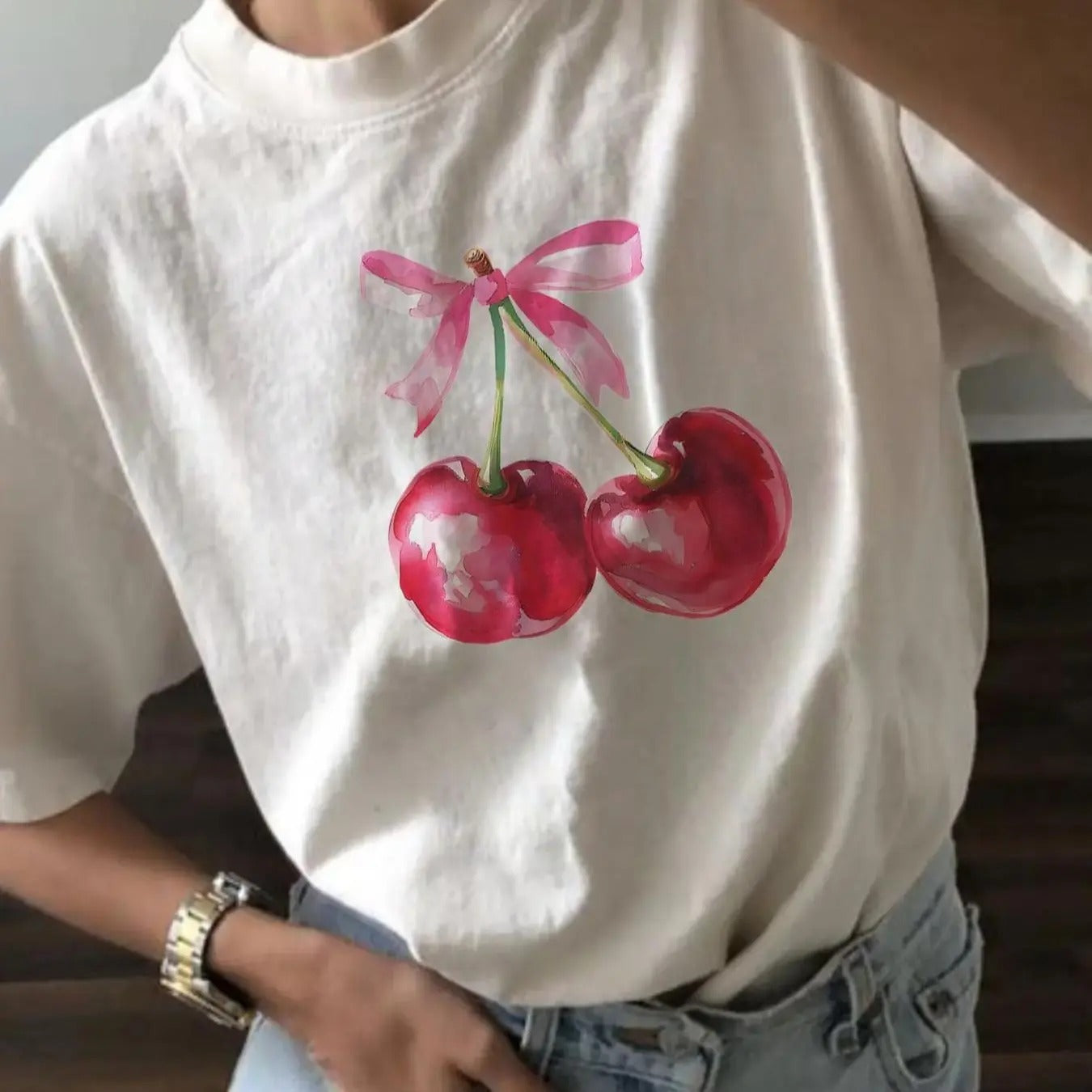 Cherry Print Drop Shoulder Casual Half Sleeve Round Neck Summer Top Daily T-Shirts, Hoodie, Sweatshirt