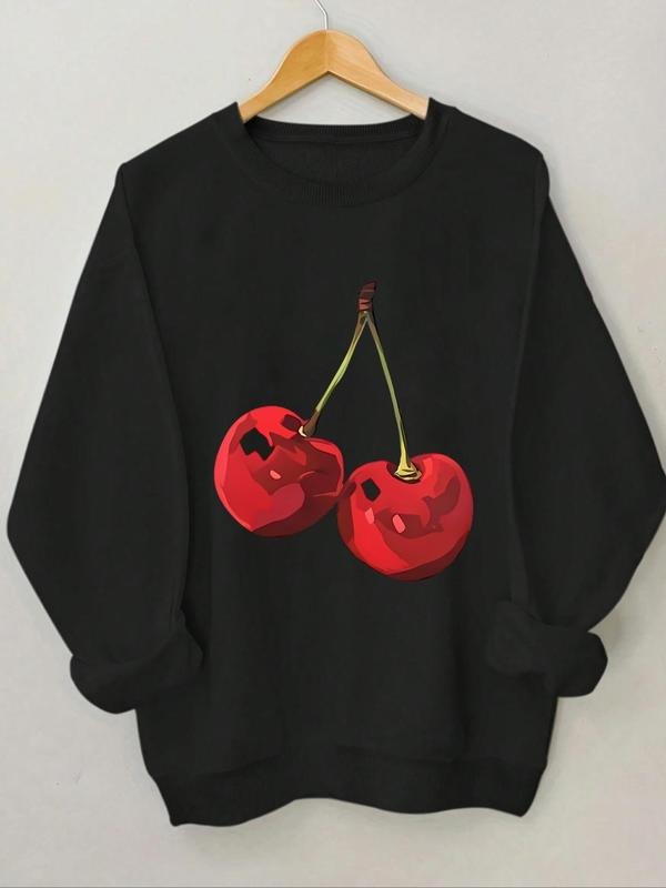 Women's Cherry Print Drop Shoulder Thermal Lined Sweatshirt, Casual Long Sleeve Round Neck Pullover for Spring & Fall,...
