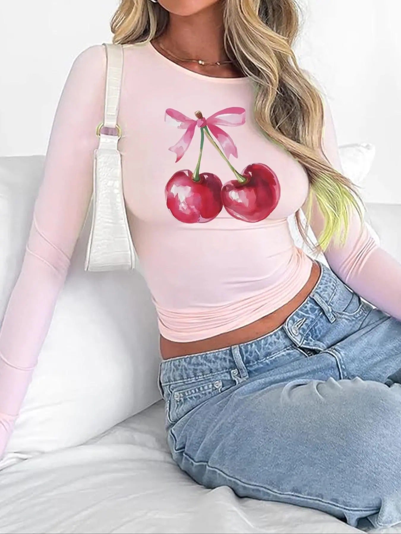 Women's Cherry Print Round Neck Skinny Tee, Y2K Trendy Casual Bow Graphic Long Sleeve T-shirt for Daily Wear, Ladies All...