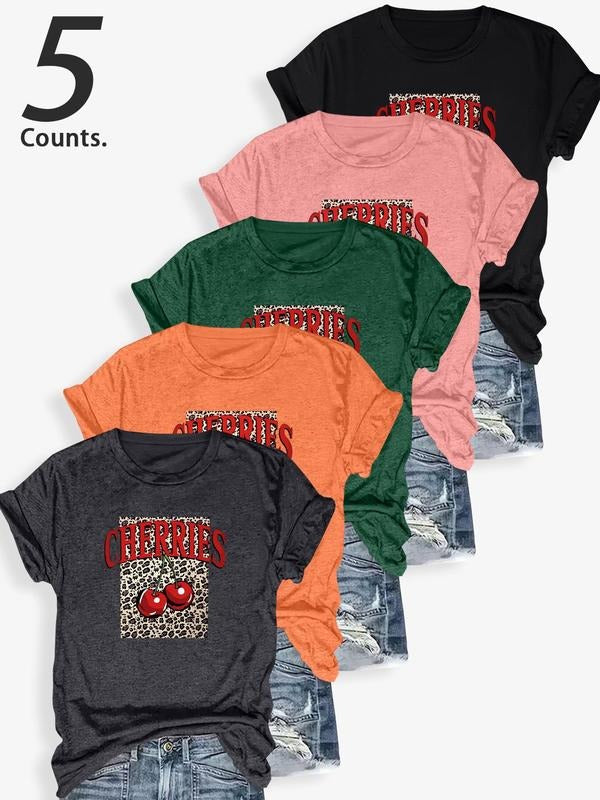 Cherry Print Round Neck Casual Short Sleeve Crew Neck Daily Clothes All Seasons Top T-Shirts, Hoodie, Sweatshirt