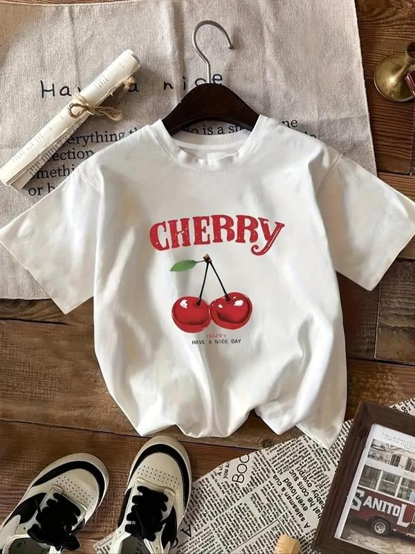 Women's Cherry Print Round Neck Tee, Casual Short Sleeve Crew Neck T-Shirt for Summer, Fashion Women's Top for Daily Wear...