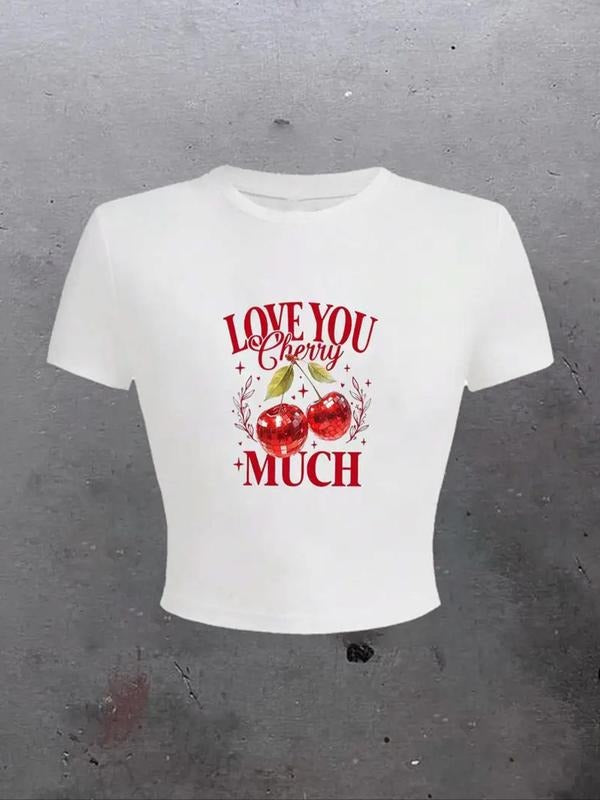 Women's Cherry Print Round Neck Tee, Casual Short Sleeve Crew Neck T-Shirt for Summer, Fashion Women's Top for Daily Wear...