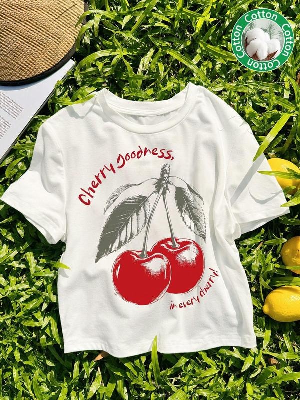 Women's Cherry Print Round Neck Tee, Casual Short Sleeve Crew Neck T-Shirt for Summer, Fashion Women's Top for Daily Wear...