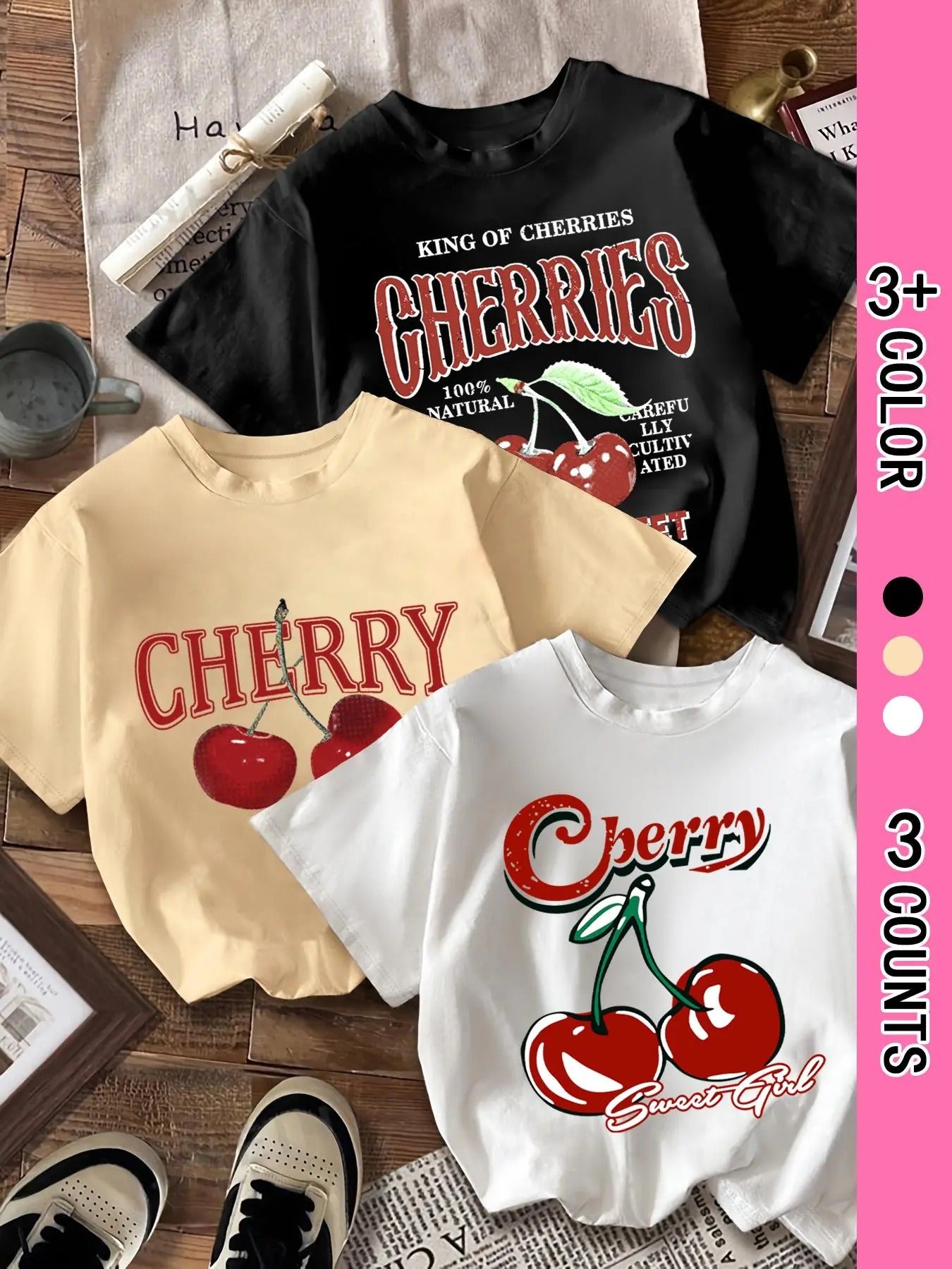 Women's Cherry Print Round Neck Tee, Casual Short Sleeve Crew Neck T-shirt for Daily Wear, Ladies Clothes for All Seasons...