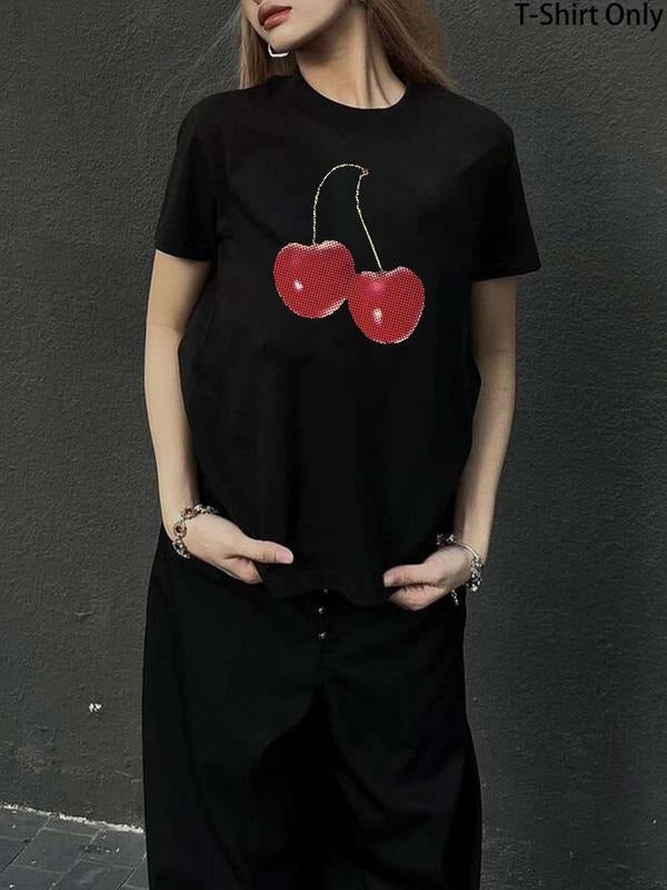 Women's Cherry Print Round Neck Tee, Casual Short Sleeve Crew Neck T-shirt for Daily Wear, Ladies Clothes for All Seasons...