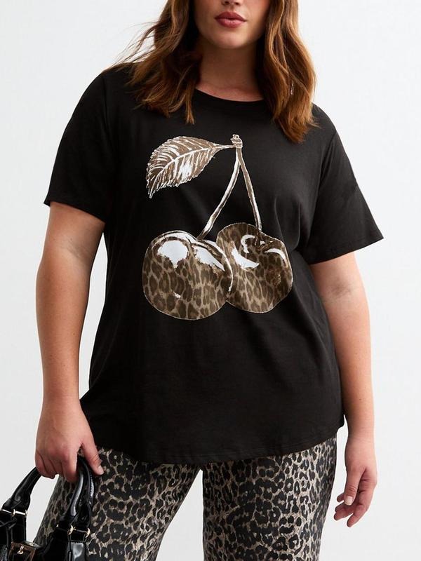 Women's Cherry Print Round Neck Tee, Casual Short Sleeve Crew Neck T-shirt for Summer, Fashion Women's Top for Daily Wear...