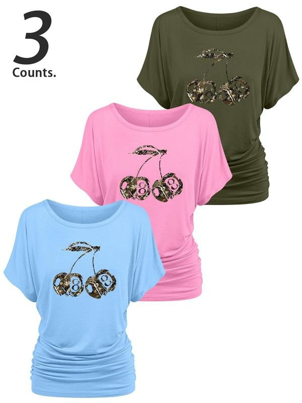 Cherry Print Round Neck Casual Short Sleeve Daily Clothes All Seasons Top T-Shirts, Hoodie, Sweatshirt