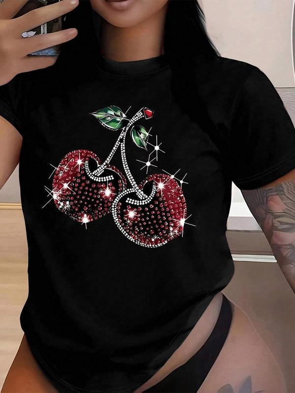 Women's Cherry Print Round Neck Tee, Fashion Casual Crew Neck T-shirt for Daily Holiday Vacation Outdoor Wear, Ladies...