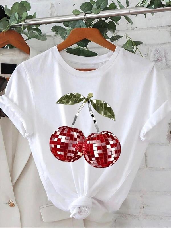 Women's Cherry Print T-shirt, Casual Disco Ball Printed Short Sleeve Crew Neck Tee, Women's Top for Daily Wear, Summer...