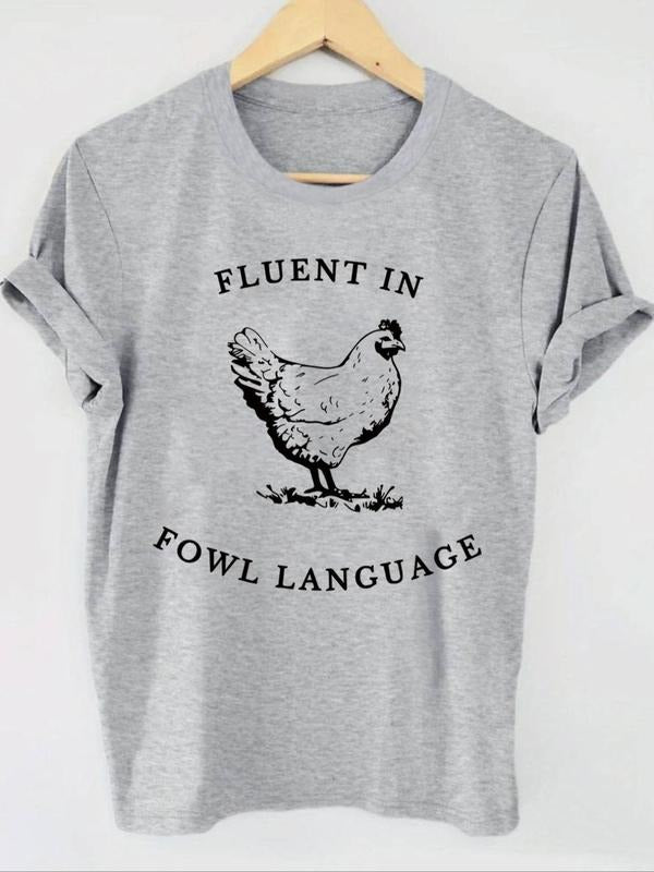 Women's Chicken & Letter Print Round Neck Tee, Casual Short Sleeve Crew Neck T-Shirt for Summer, Fashion Women's Top for...