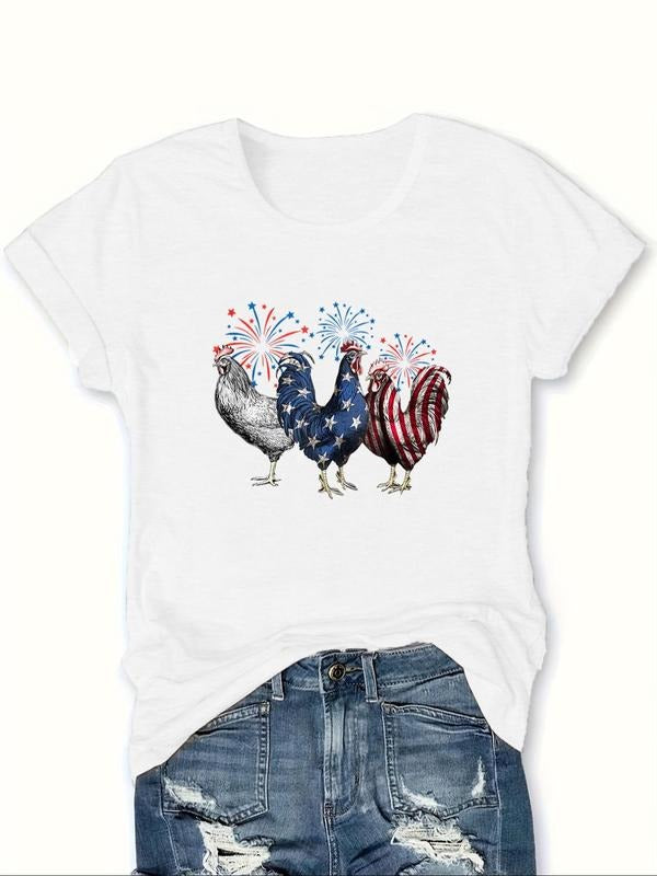 Women's Chicken Star Striped Graphic Round Neck Tee, Casual Crew Neck T-shirt for Daily Holiday Vacation Outdoor Wear,...