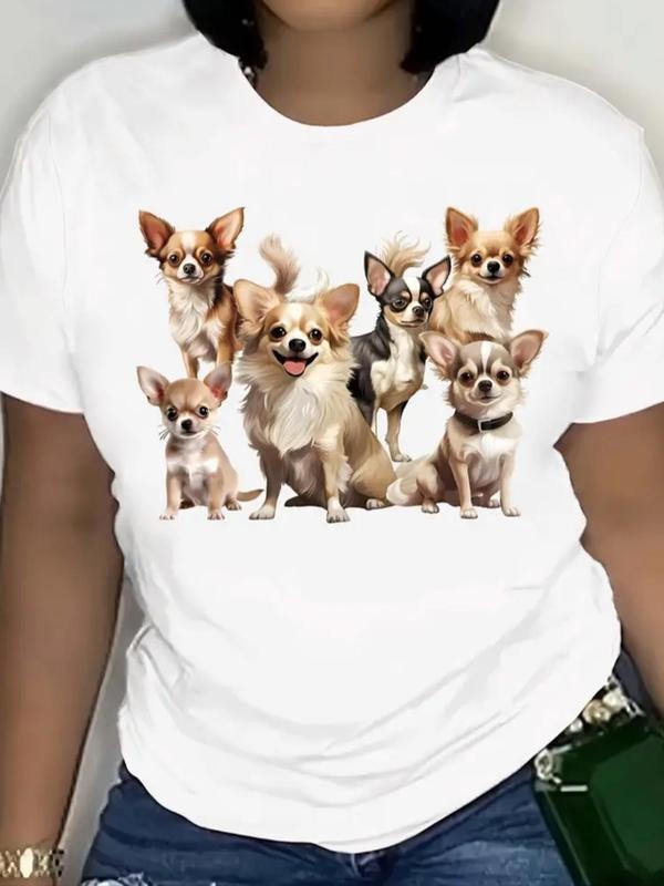 Women's Chihuahua Dog Print Round Neck Tee, Casual Short Sleeve Crew Neck T-Shirt for Summer, Fashion Women's Top for...
