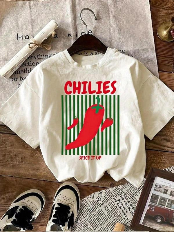 Women's Chilli Print Round Neck Tee, Casual Letter Graphic Short Sleeve T-shirt for Summer, Ladies Clothes for Daily...